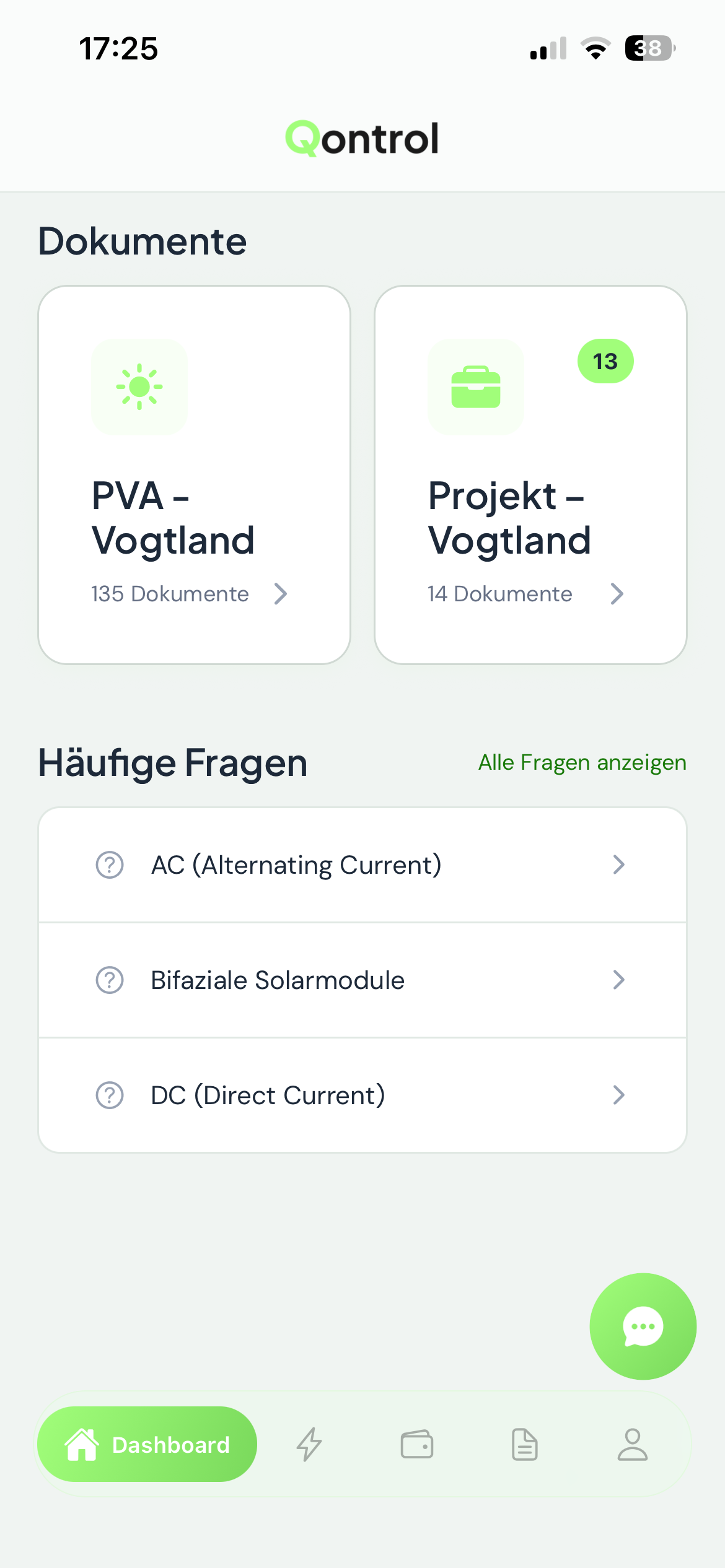 Qontrol Dashboard unterer Bereich mit Dokumenten und FAQ