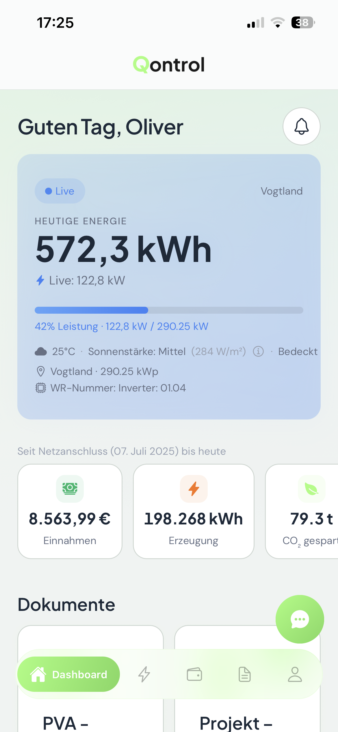 Qontrol Dashboard Hauptansicht mit Energiedaten und Kennzahlen