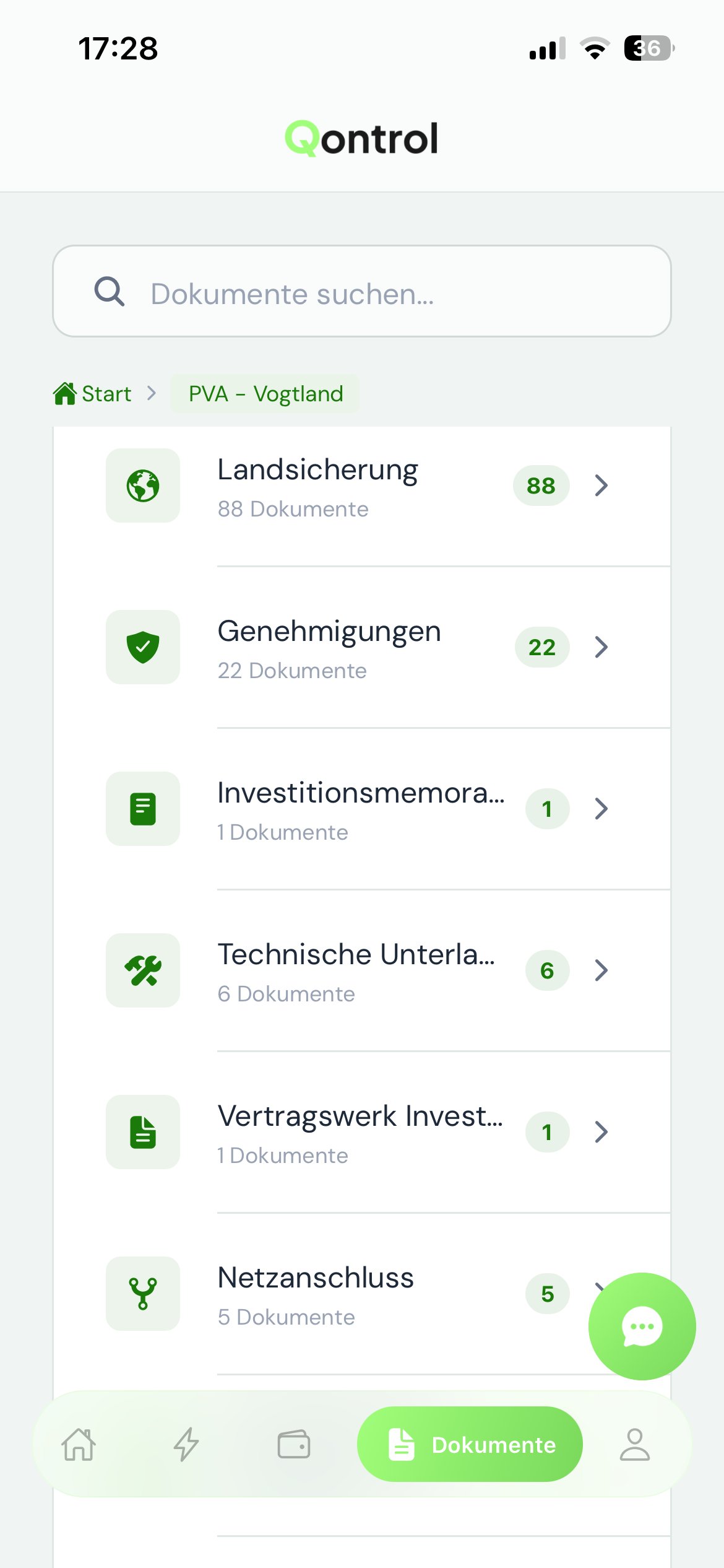 Dokumente Detailansicht mit Kategorien und Dokumentenanzahl