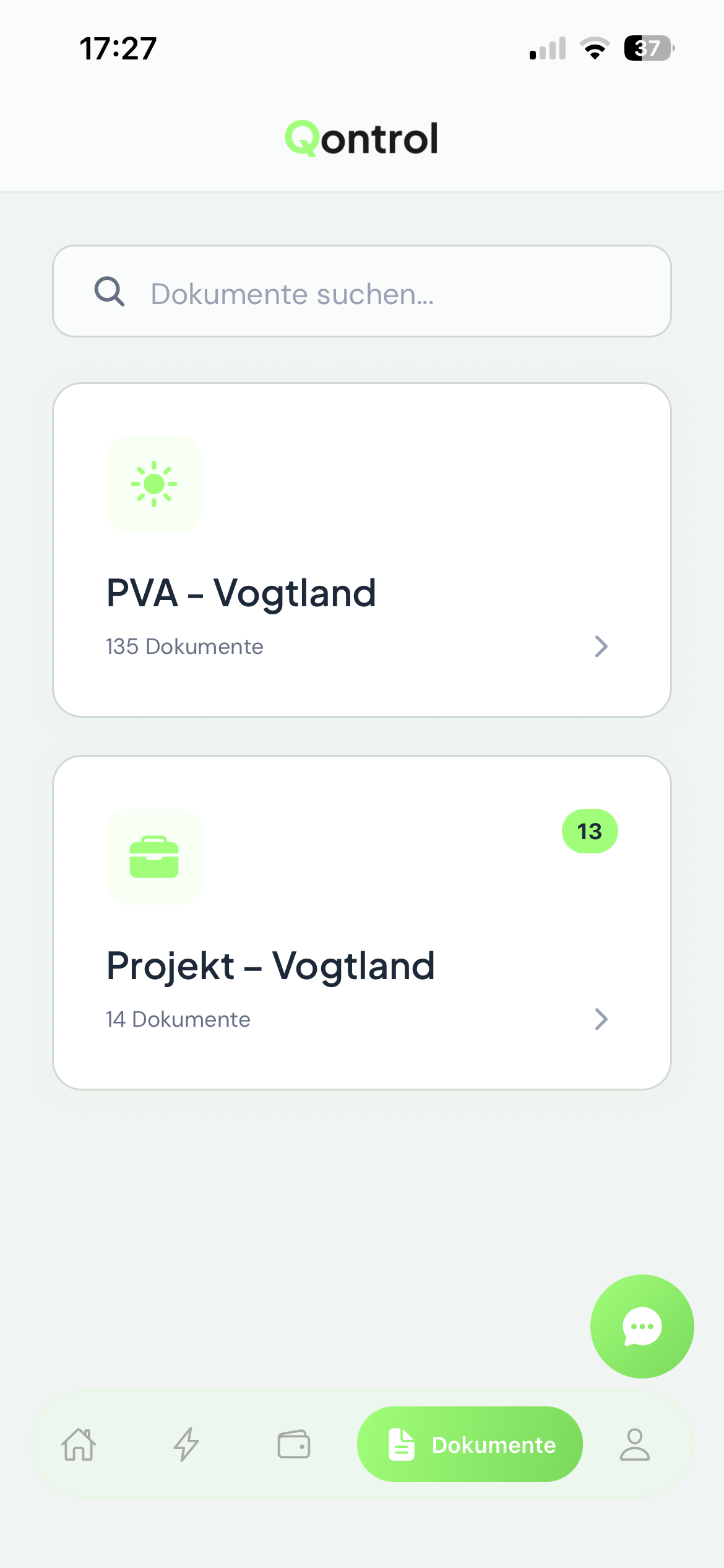 Dokumente Übersicht mit PVA und Projekt-Ordnern