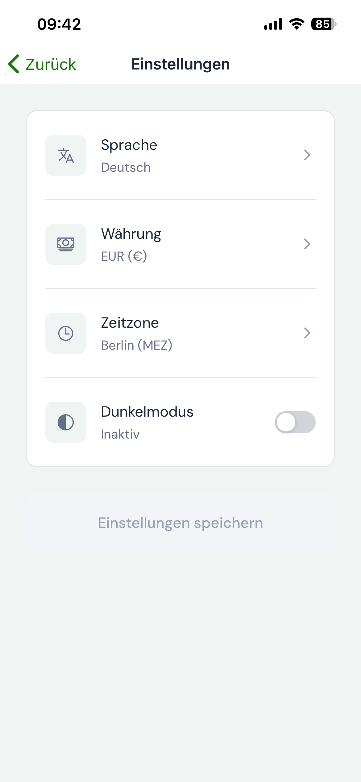Einstellungen mit Sprache, Währung, Zeitzone und Dunkelmodus
