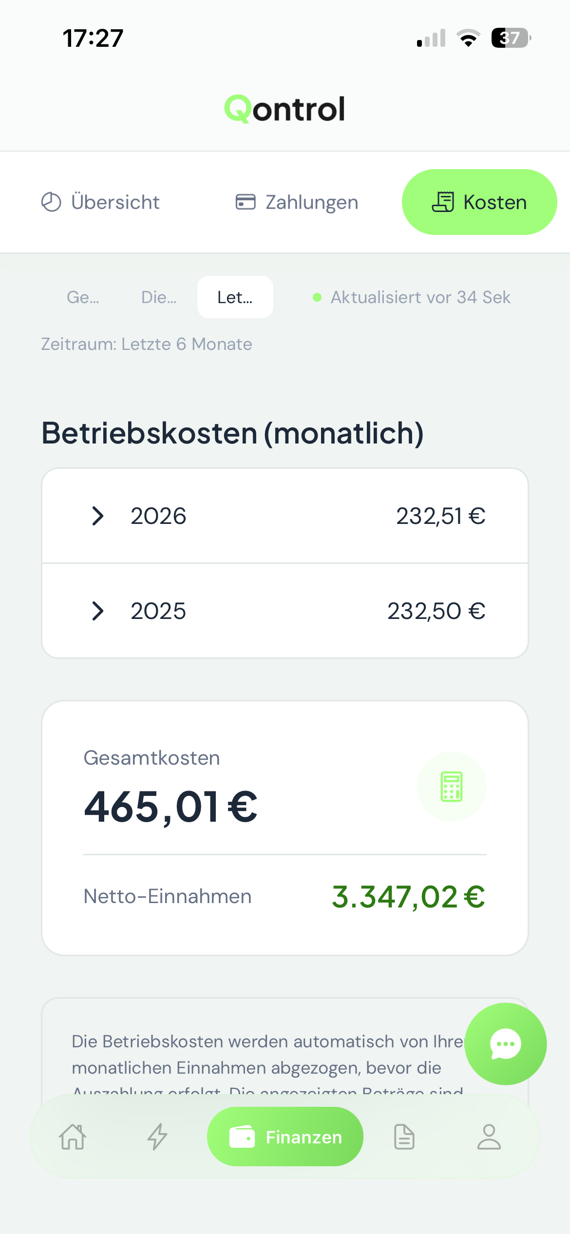 Finanzen Kosten mit Betriebskostenübersicht
