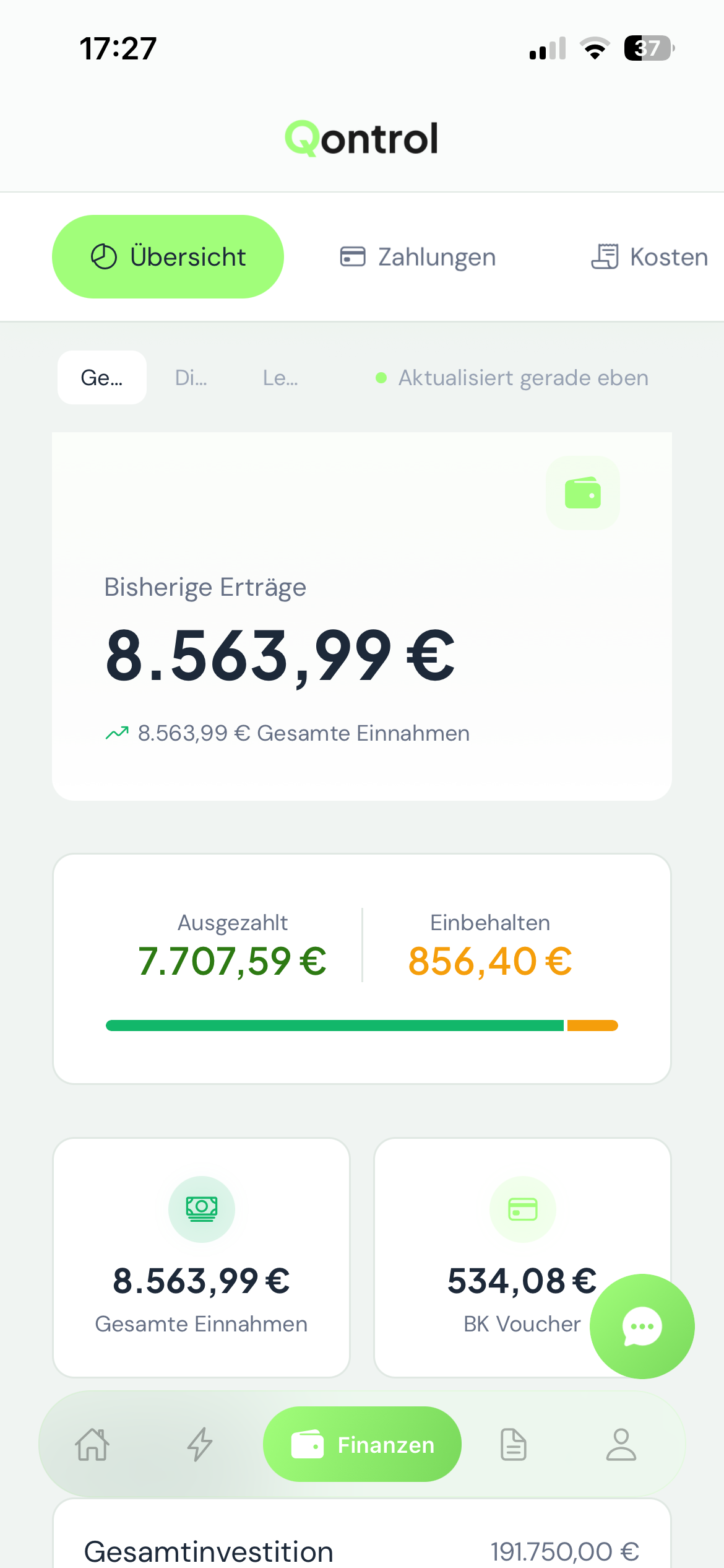 Finanzen Übersicht mit Erträgen und Auszahlungsbalken