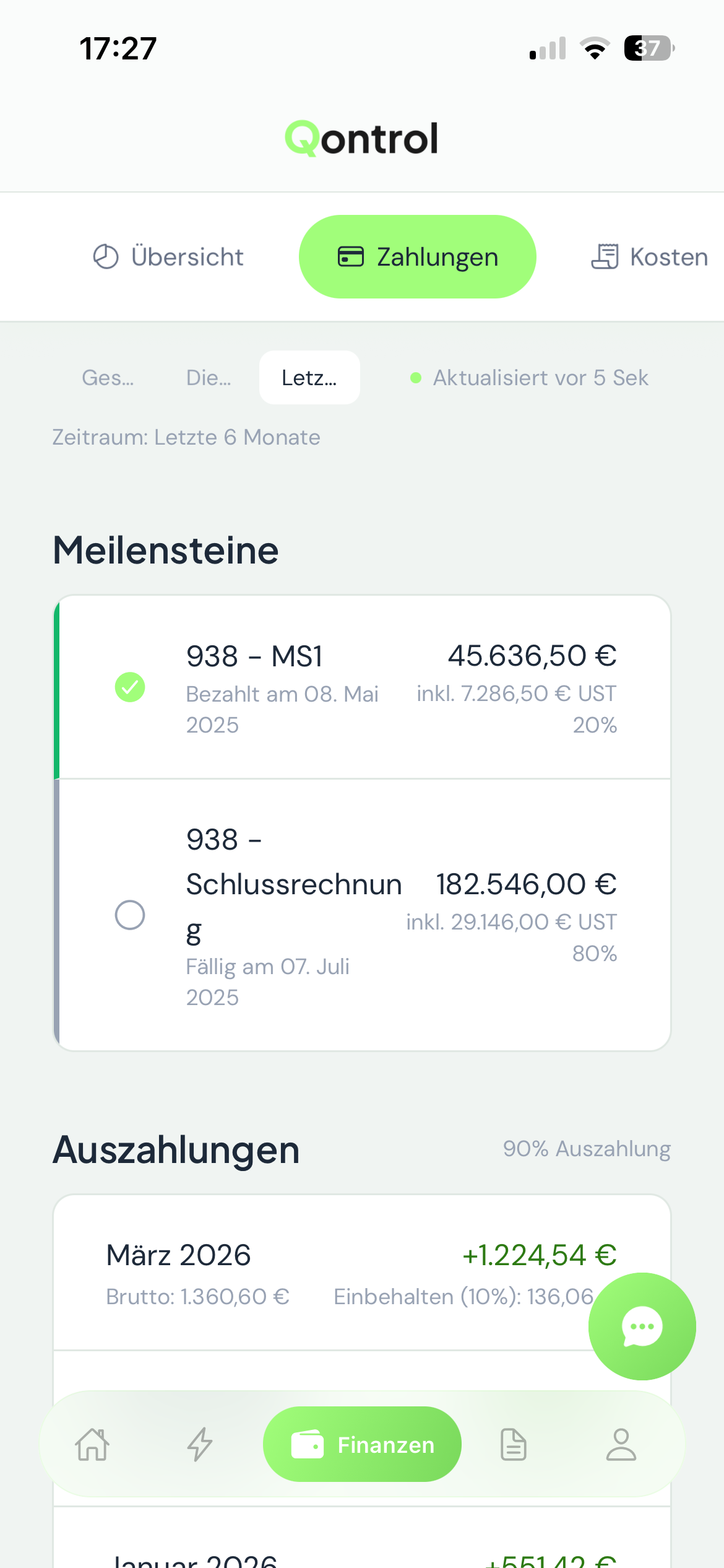 Finanzen Zahlungen mit Meilensteinen und Auszahlungsliste