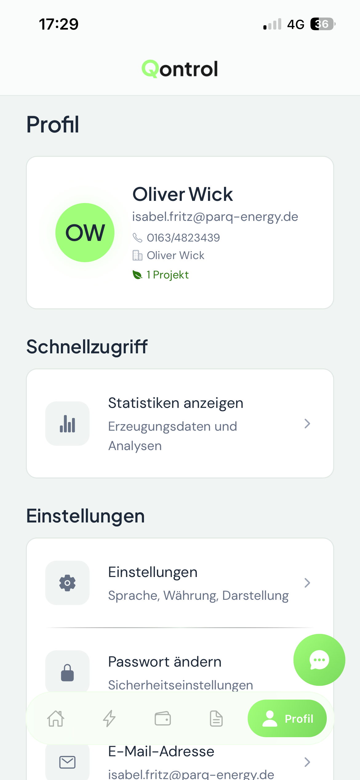 Profil-Seite mit Benutzerdaten und Schnellzugriff