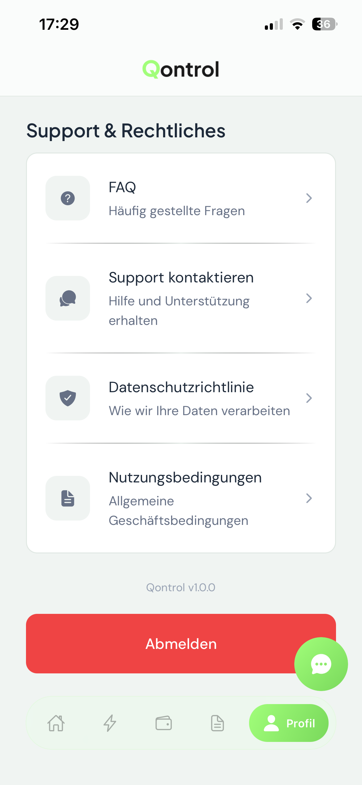 Support und Rechtliches mit FAQ, Kontakt und Abmelden