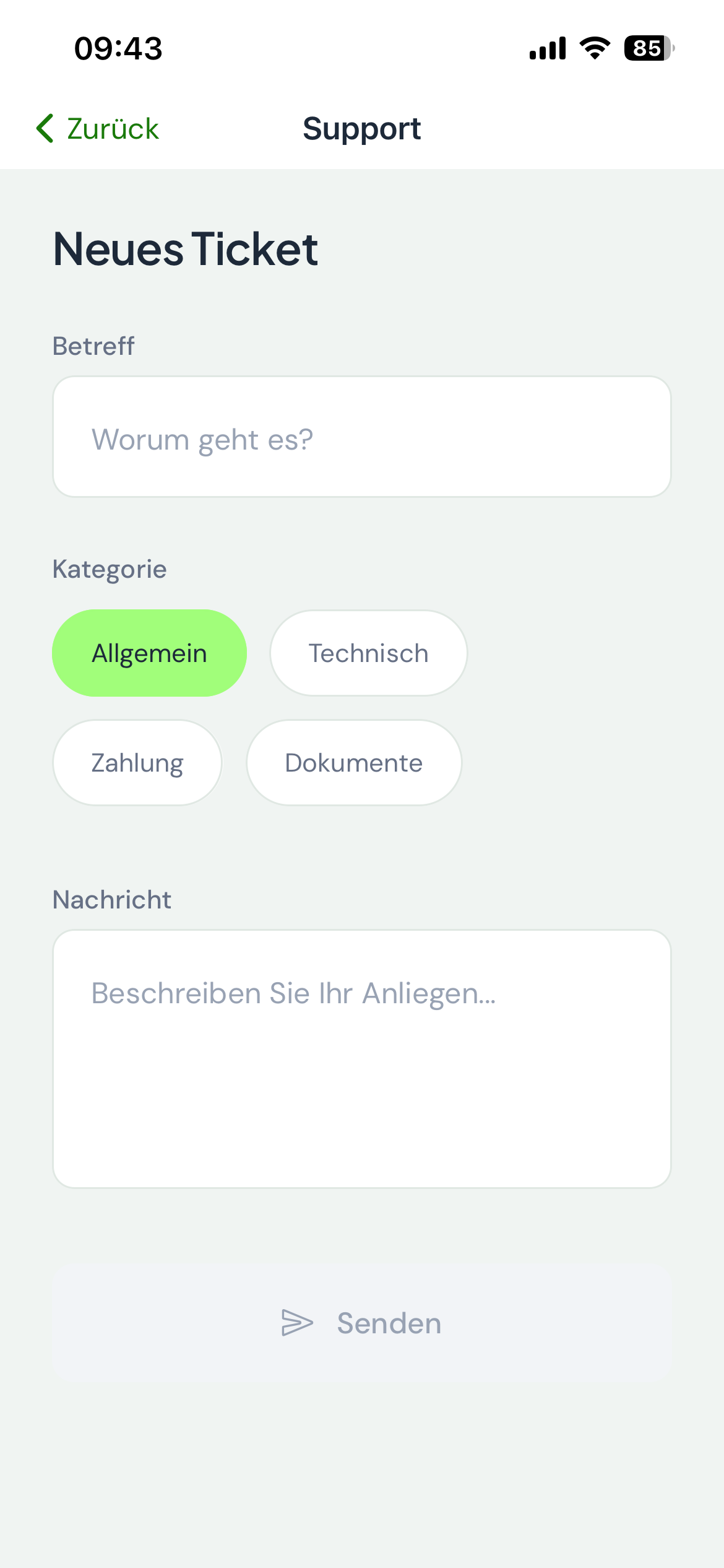 Neues Support-Ticket erstellen mit Kategorie und Nachricht